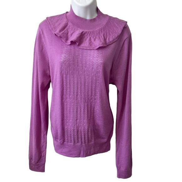 J. crew ruffle mock neck pointelle sweater L violet 100% merino wool mock neck - Picture 2 of 8